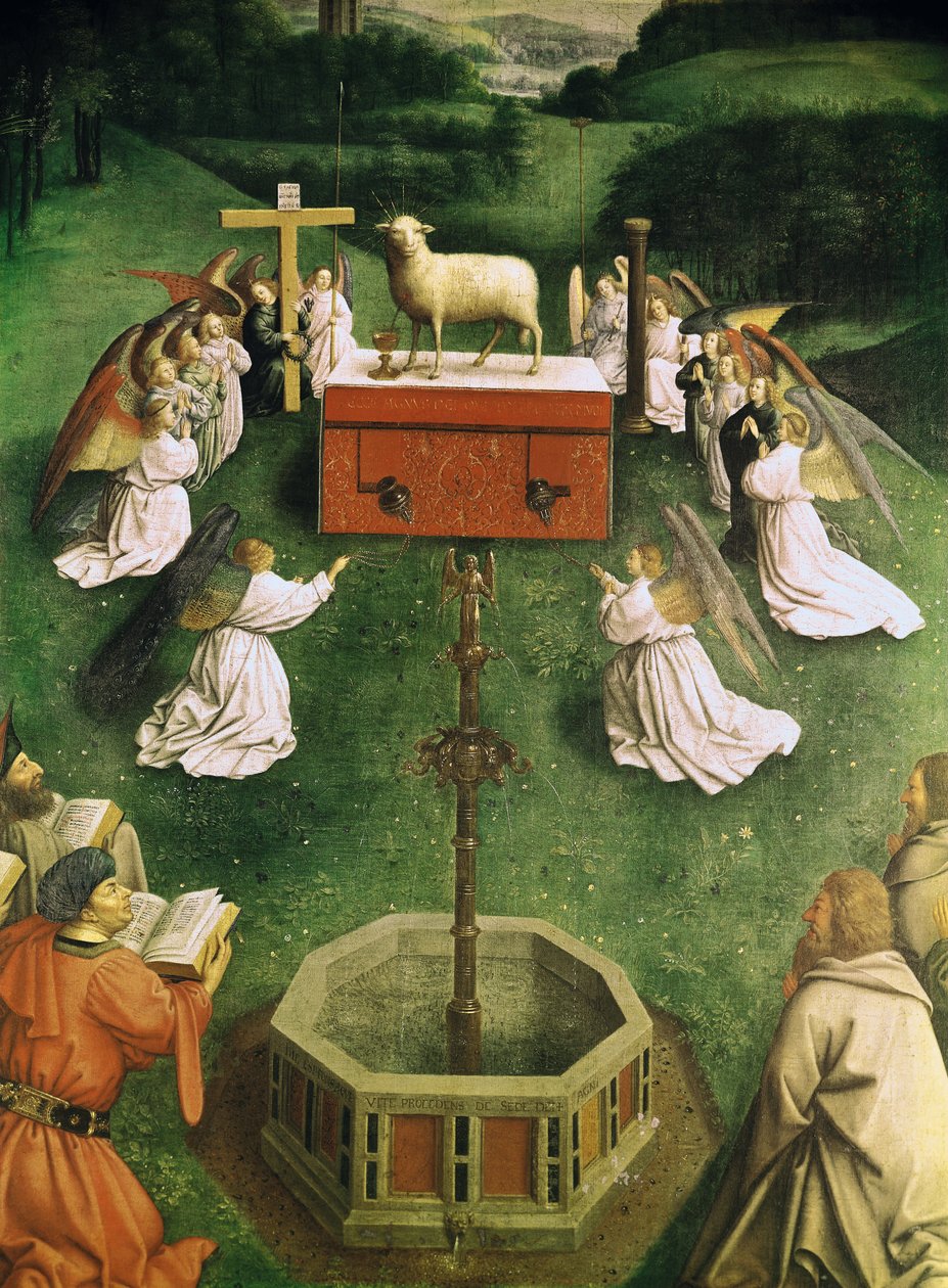 Kopi af The Adoration of the Mystic Lamb, fra Gent-altertavlen, nederste halvdel af midterpanelet (olie på panel) (se også 166057) af Hubert and Jan van  Eyck