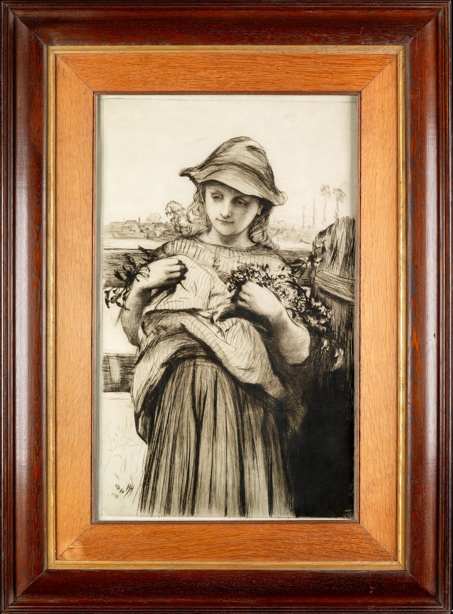 En pige med blomster (ætsning med tørnål) af Hubert von Herkomer
