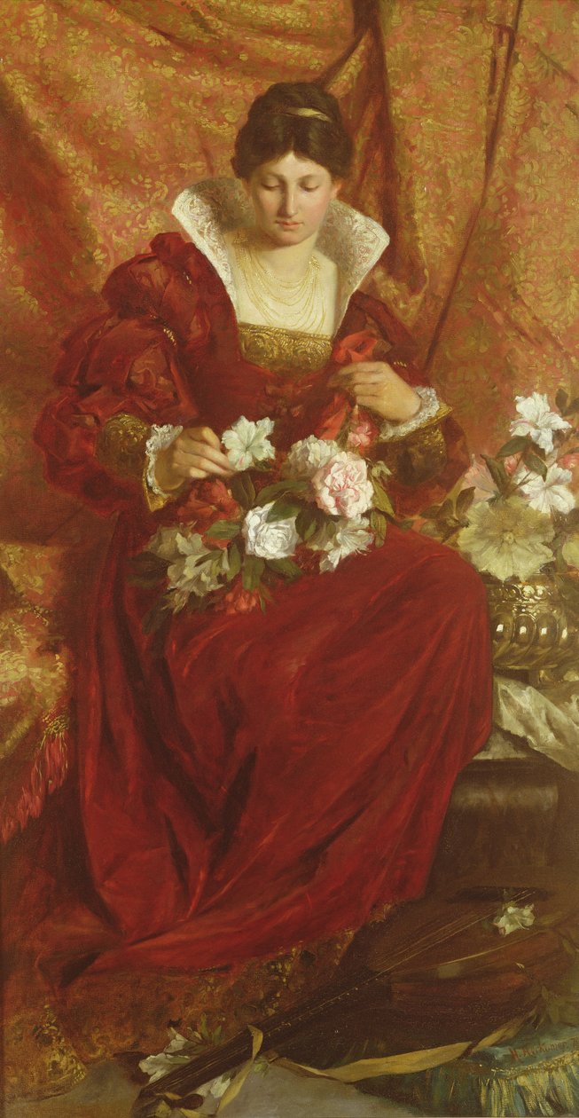 En dame ordner blomster af Hubert von Herkomer