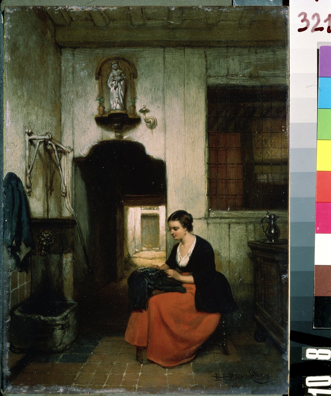 ""La brodeuse"" (Broderinden) Ung kvinde laver syarbejde i et belgisk interiør. Maleri af Hubertus van Hove (1814-1865) 1860 Mikhail Kroshitsky kunstmuseum, Sevastopol (Sevastopol) Ukraine af Hubertus van Hove