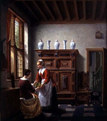 Tjenestepige serverer frugt (olie på lærred) af Hubertus van Hove