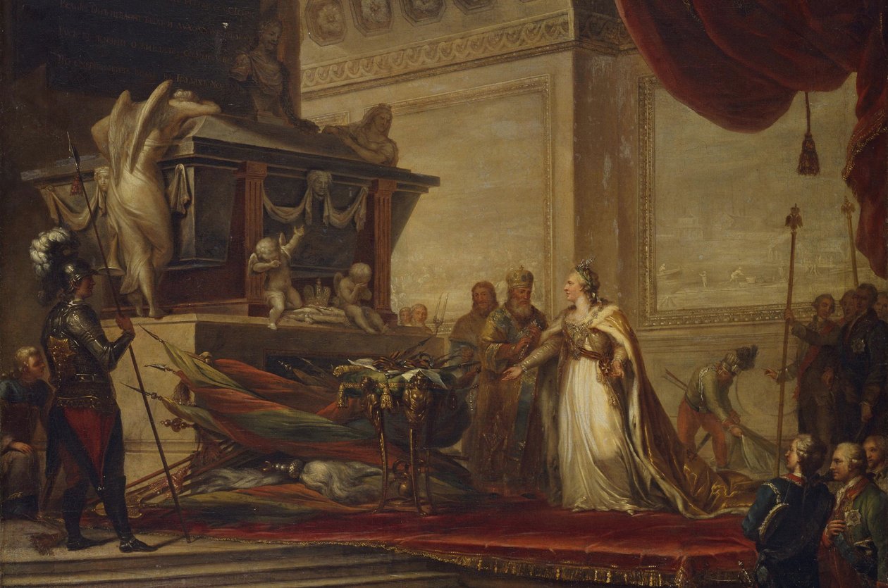 Catherine II lægger trofæerne fra slaget ved Chesma på Peter den Stores grav, 1791 af Hüne