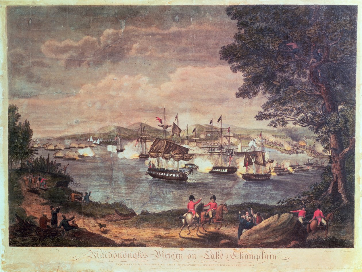 Macdonoughs sejr ved Lake Champlain og general Macombs nederlag til den britiske hær ved Plattsburg den 11. september 1814, 1816 (farvestik) af Hugh Reinagle