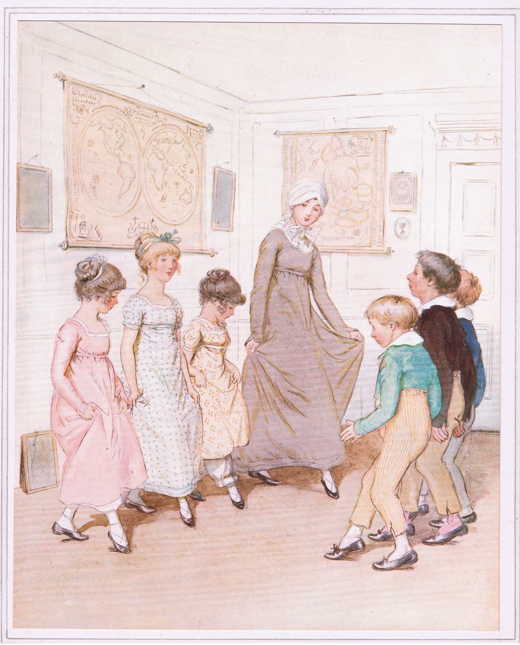 Miss Phoebe giver en dansetime til et halvt dusin elever og gør sit allerbedste. af Hugh Thomson