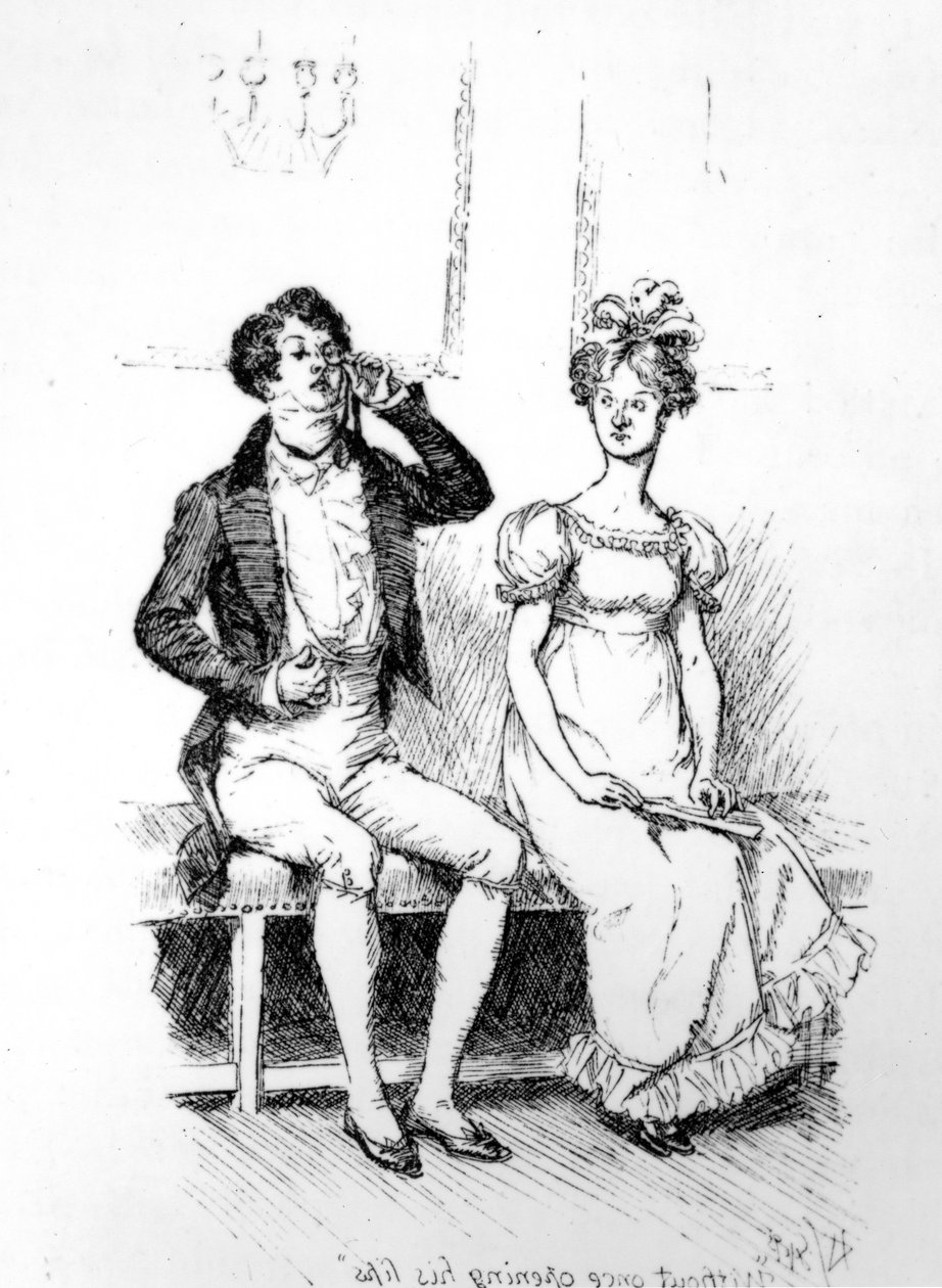 "Uden at åbne sine læber", illustration fra "Pride und Prejudice" af Jane Austen, udgave udgivet i 1894 af Hugh Thomson