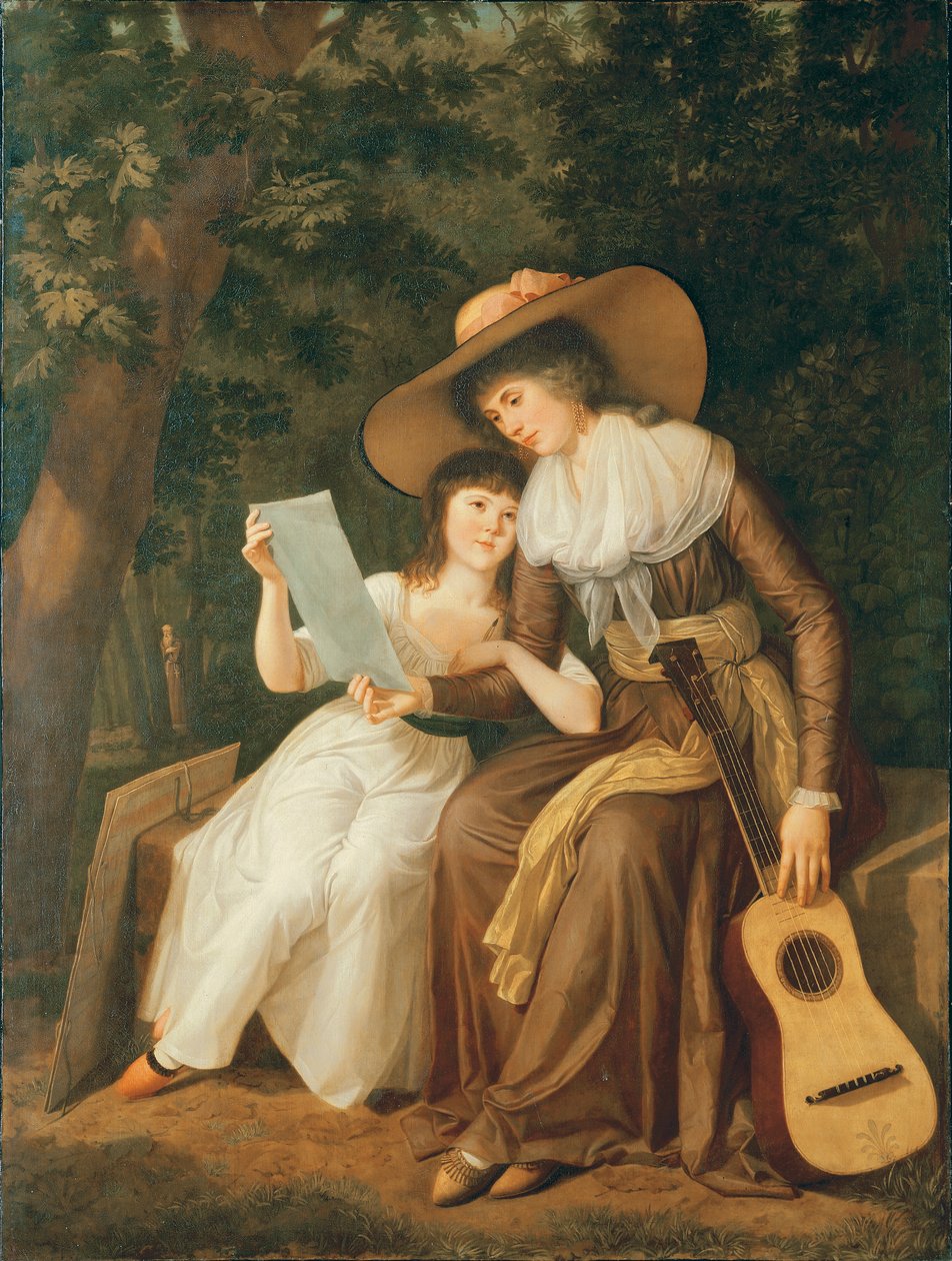 Dobbeltportræt af Mary, grevinde af Erne, med sin datter Lady Caroline Crichton, senere Lady Wharncliffe, i fuld længde, siddende, førstnævnte i en brun kjole med gult skær, iført et stort sugerør af Hugh Douglas Hamilton