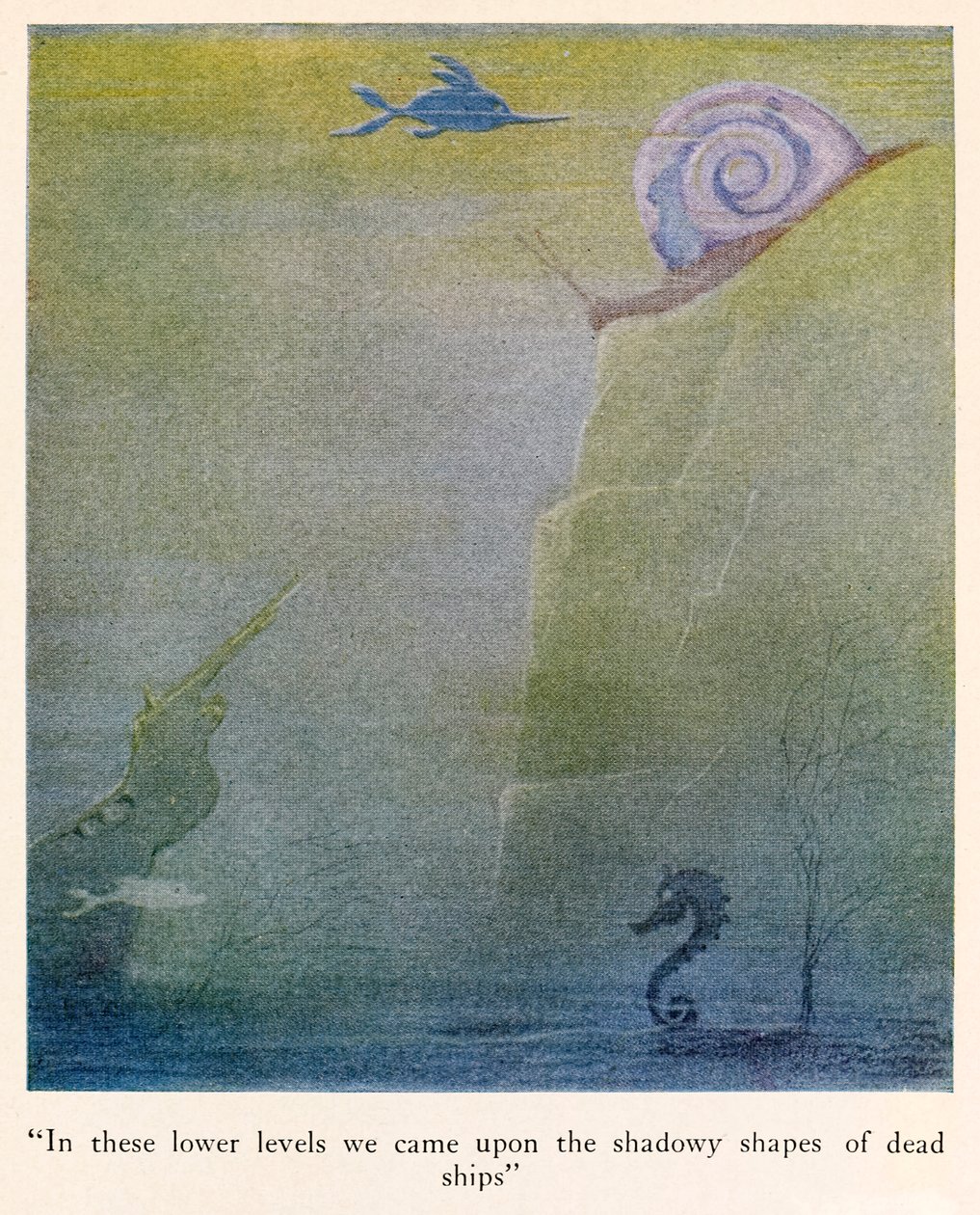 "På disse lavere niveauer stødte vi på de skyggefulde former af døde skibe" illustration fra The Voyages of Doctor Dolittle af Hugh Lofting