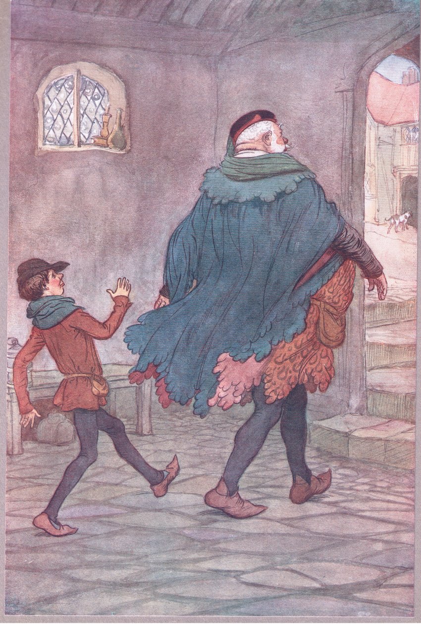 Exeunt Falstaff and Robin, illustration fra The Merry Wives of Windsor, 1910 af Hugh Thomson