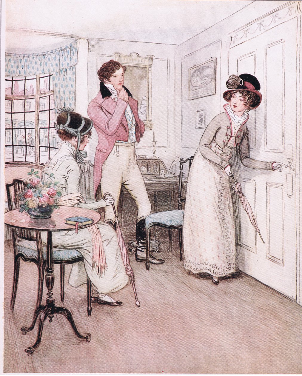 Miss Henrietta og Miss Fanny, opmuntret af denne sympati, nærmer sig døren til det interessante sengekammer. af Hugh Thomson