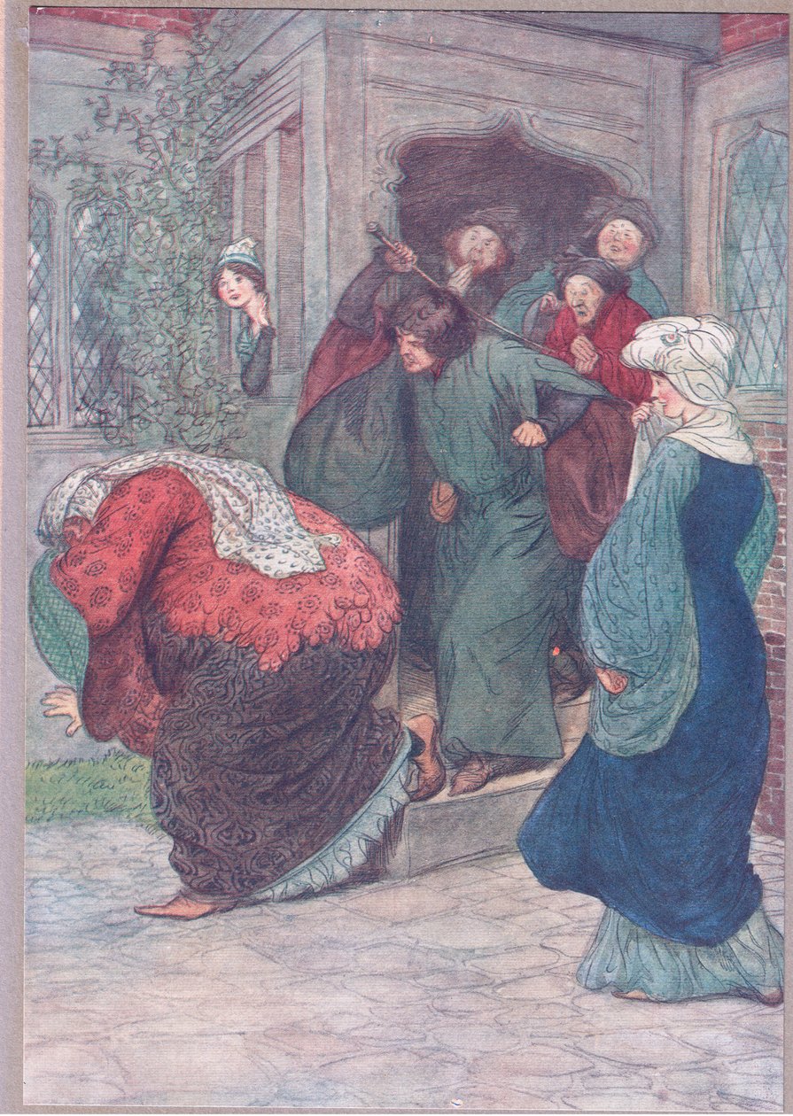 Ud af min dør du heks, illustration fra The Merry Wives of Windsor, 1910 af Hugh Thomson