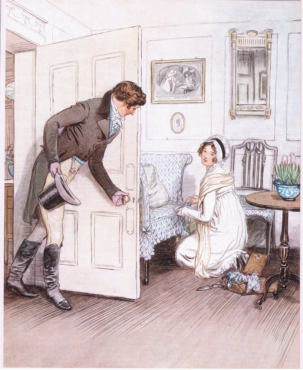 Valentine: "At se hende på knæ, pynte de små ben på sofaen med dikkedarer, som om det var et barn". (litho) af Hugh Thomson