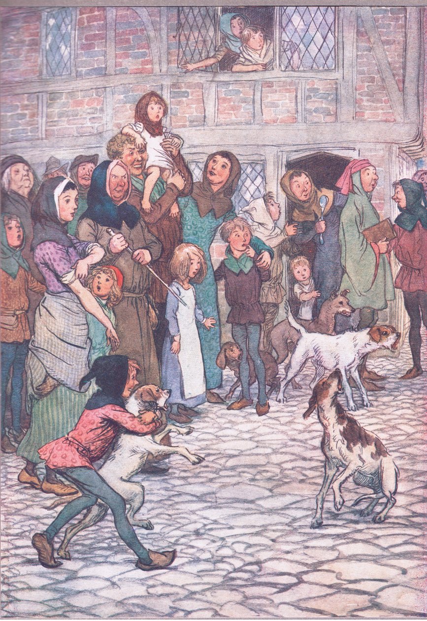 Hvorfor gøer dine hunde så meget? Er der bjørne i byen?, illustration fra De muntre koner af Windsor , 1910 af Hugh Thomson