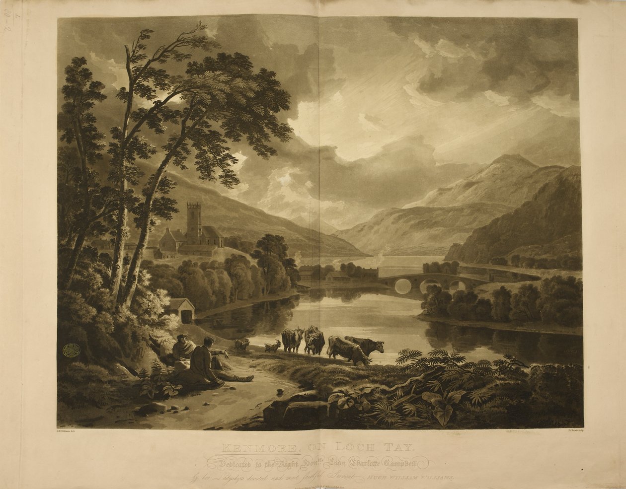 Illustration, der viser en udsigt over Kenmore på Loch Tay i Skotland. Et sø- og bjerglandskab i højlandet. af Hugh William Williams