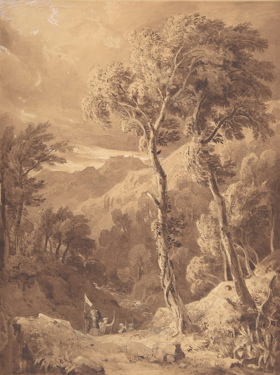 Bjergrigt landskab med en gruppe af rejsende ved floden Pellene Achaia, 1818-29. af Hugh William Williams