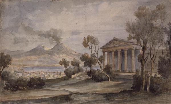 PD.255-1985 Villa Saliceti, Napoli nedenfor og Vesuv i det fjerne af Hugh William Williams