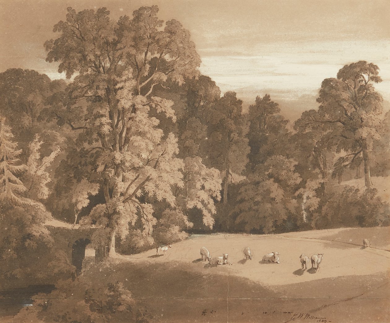 Parkland ved Minto House (pen og blæk og vask) af Hugh William Williams