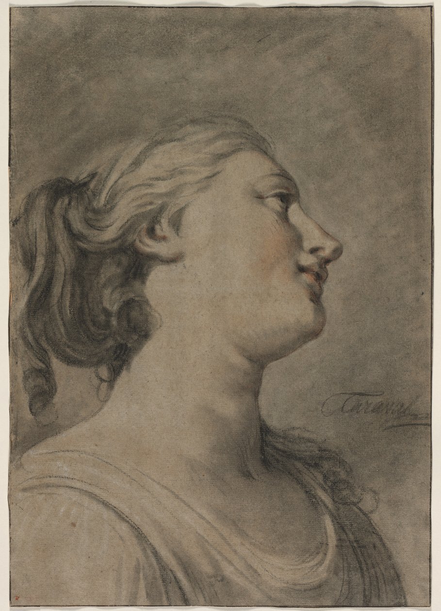 Hovedet af en kvindelig figur i profil, drejet til højre, ca. 1763-1770. af Hughes Taraval