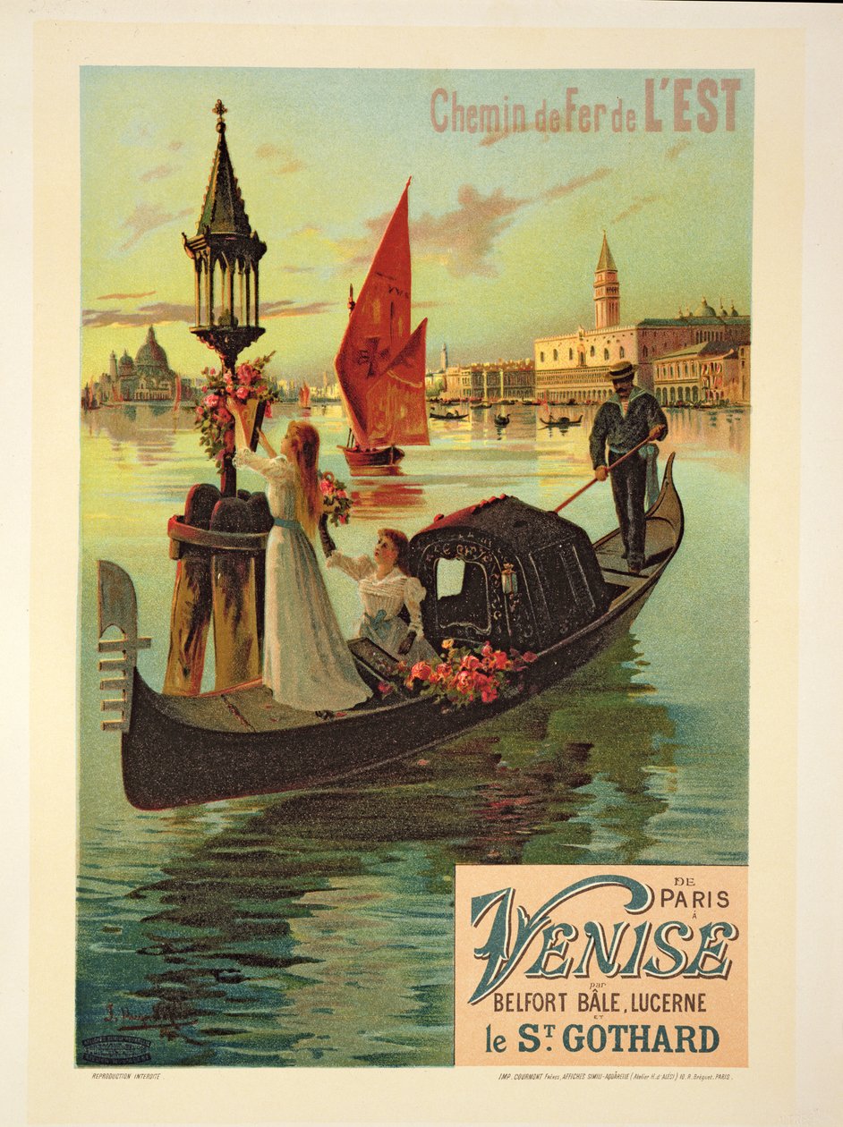Reproduktion af en plakat, der reklamerer for Østbanen fra Paris til Venedig af Hugo d