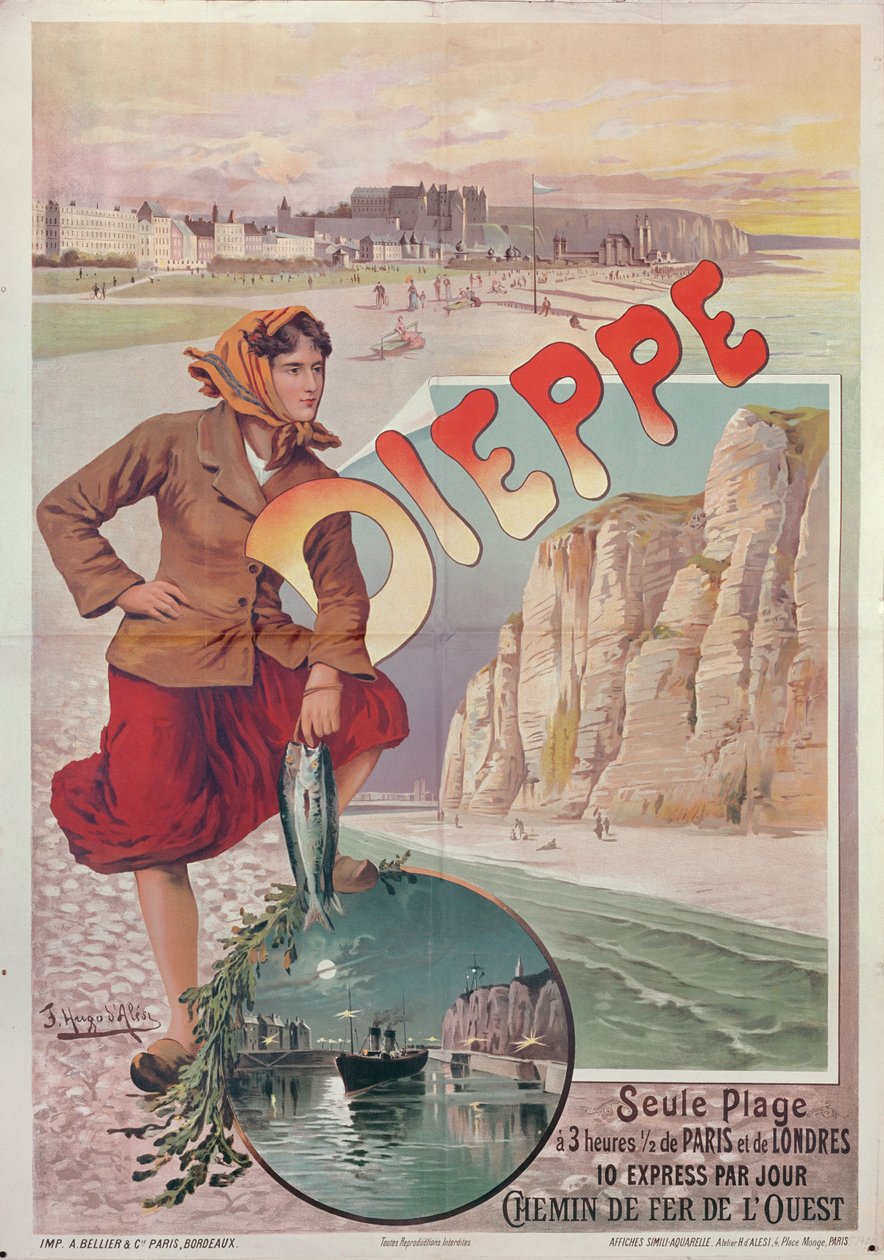 French Railways plakat, der reklamerer for attraktionerne i Dieppe, ca. 1896 af Hugo dAles