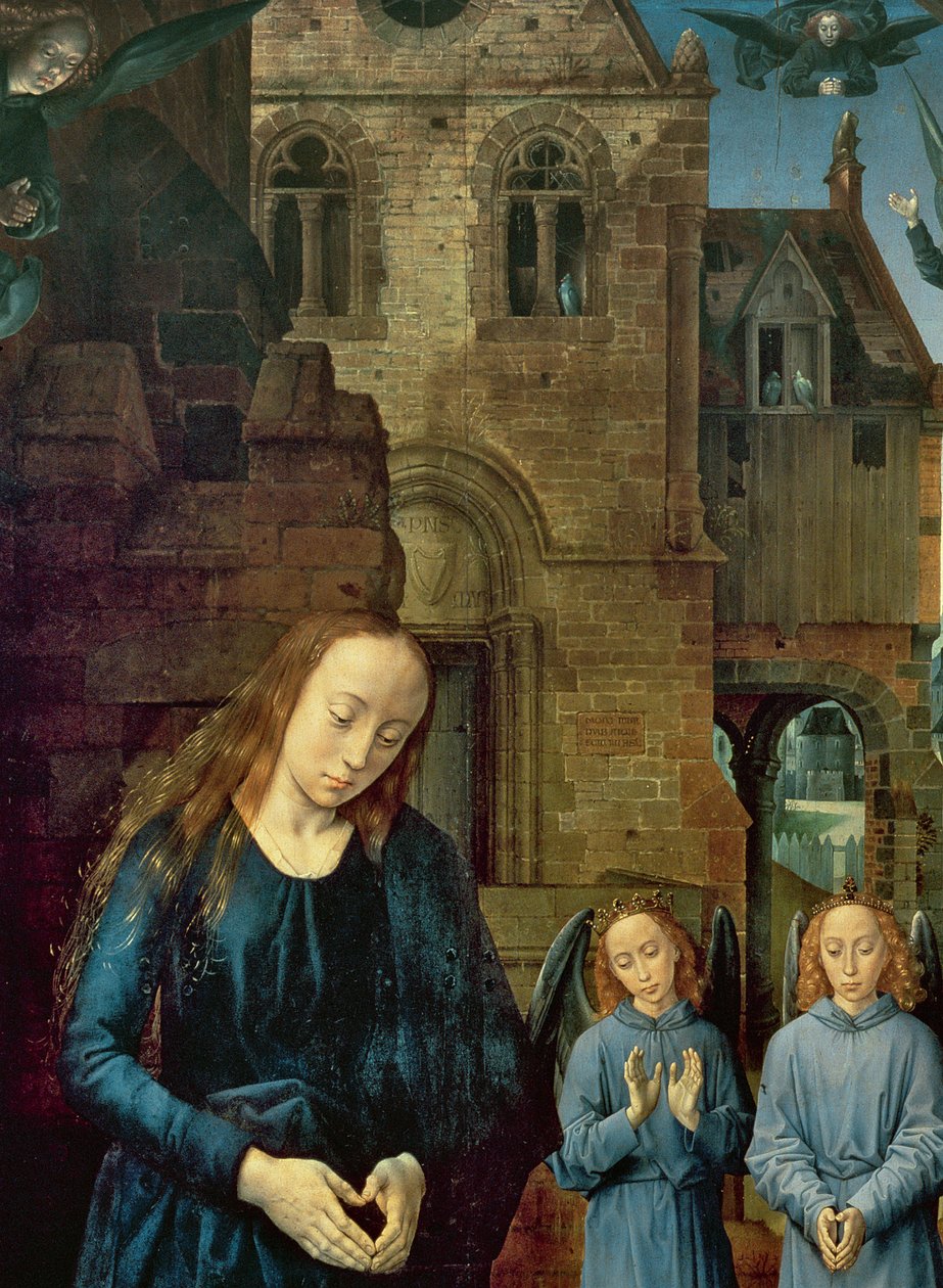 Kristusbarn tilbedt af engle, centralpanel på Portinari-altertavlen, ca. 1479 (detaljer fra 9619) af Hugo van der Goes