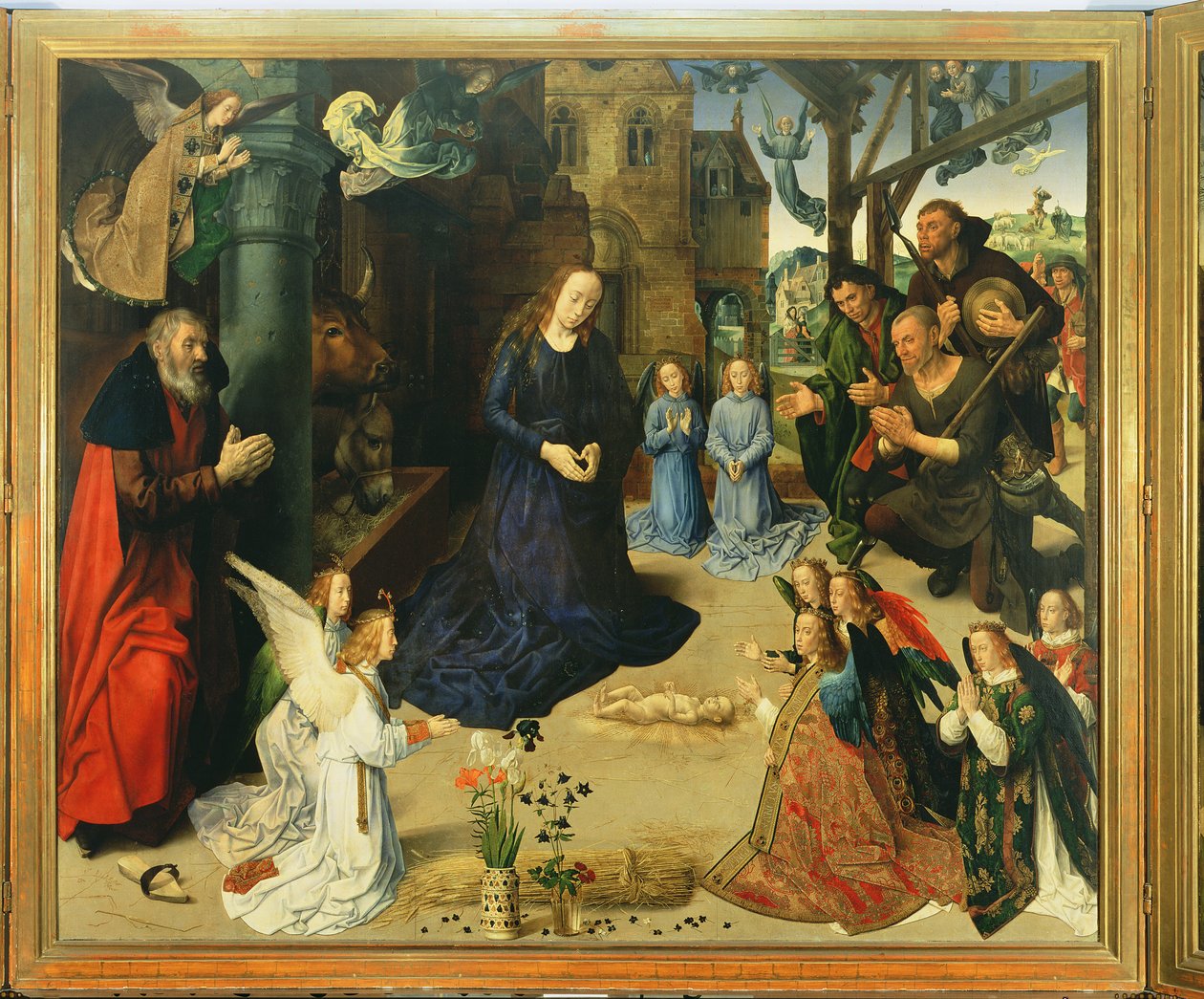 Kristusbarn tilbedt af engle, Centralpanel på Portinari-altertavlen, ca. 1479 af Hugo van der Goes