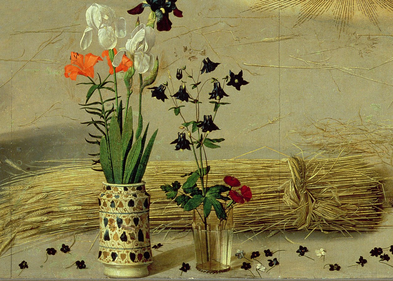 Blomstedetalje fra det centrale panel i Portinari-altertavlen, ca. 1479 (detalje af 9619) af Hugo van der Goes