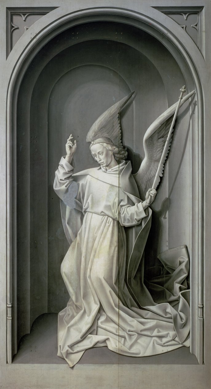Bebudelsens engel, fra Portinari-triptykonen, ca. 1479 af Hugo van der Goes