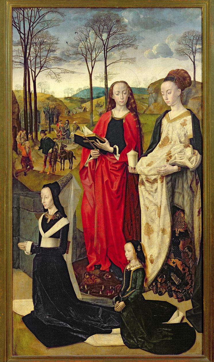 Portinari-altertavlen, St. Mary Magdalen og St. Margaret med Maria Baroncelli og datteren Margherita Portinari, højre fløj, ca. 1479 af Hugo van der Goes
