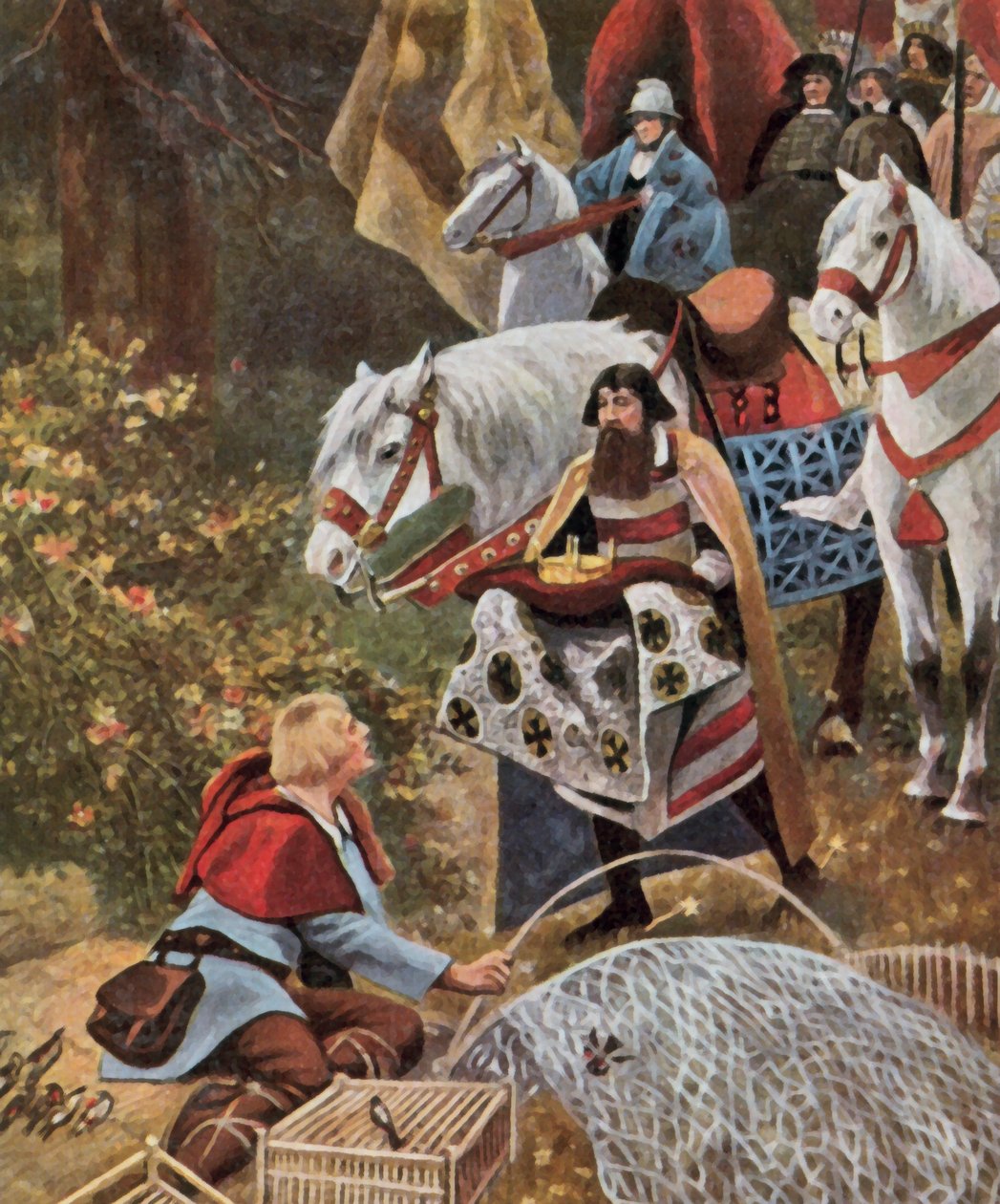 Den tyske kongekrone præsenteres for Henry the Fowler, 919 (forbedret farvelitografi) af Hugo (after) Vogel