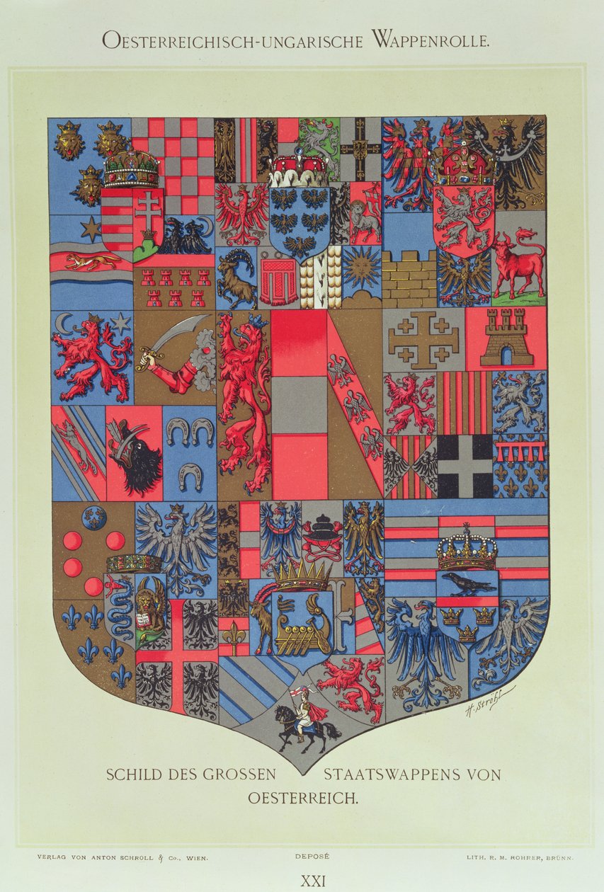 01315 Det østrig-ungarske imperiums våbenskjold, der viser det kejserlige østrigske hofs rustningslejer indgraveret af R. M. Rohrer (farvet litho) af Hugo Gerard Strohl