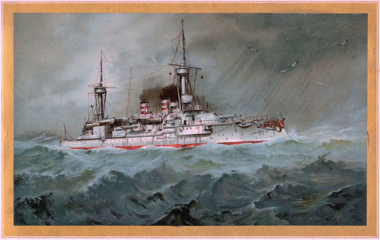 S.M.S. Linienschiff Brandenburg (våbenskjold rød ørn på hvidt skjold, S.M.S. Wörth = sort kejserørn på gyldent skjold) af Hugo Graf