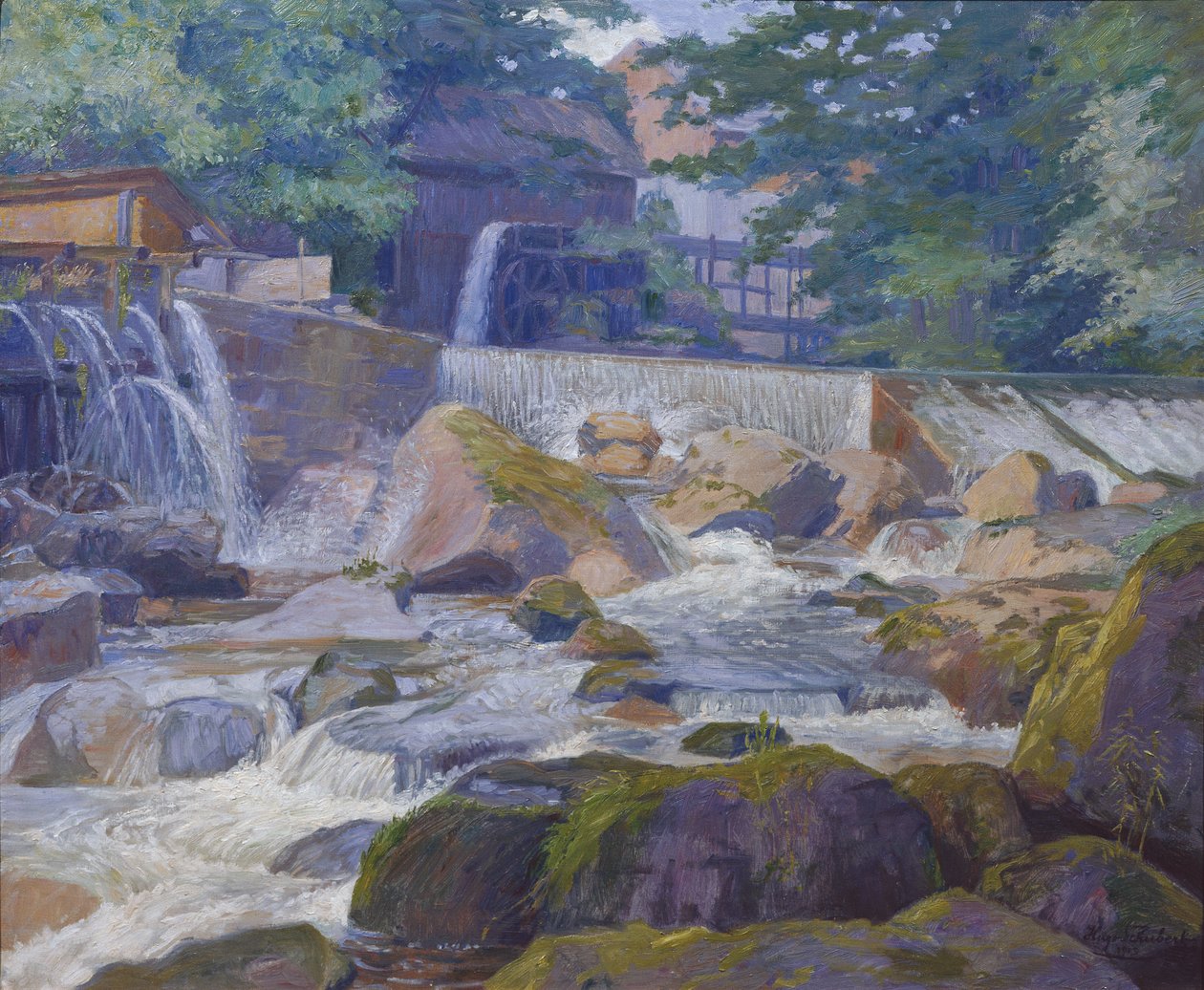Ådæmning med mølle, Klam ved Grein af Hugo Schubert
