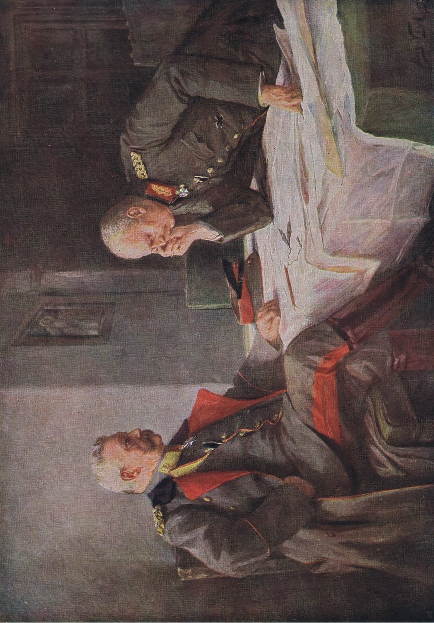 Studerer en krigsplan, illustration fra Hindenburg udgivet af Daterlandischer Derlag C U Weller Berlin, 1922 af Hugo Vogel