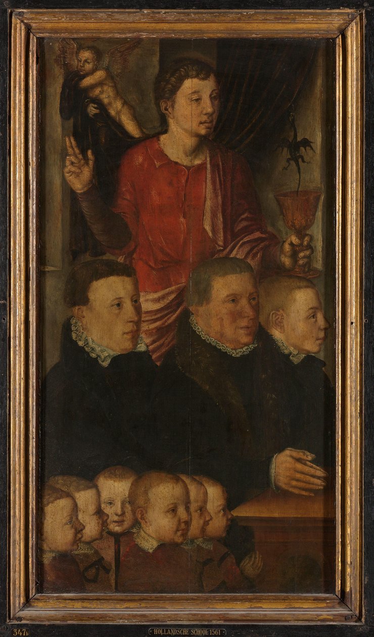 Venstrefløj af en Memorial Triptych, tidligere kaldet Gertz Memorial Triptych, med ni mandlige donorportrætter med Saint John the Evangelist (indre) og Saint Peter (ydre) af Hugo van der Goes (copy after)