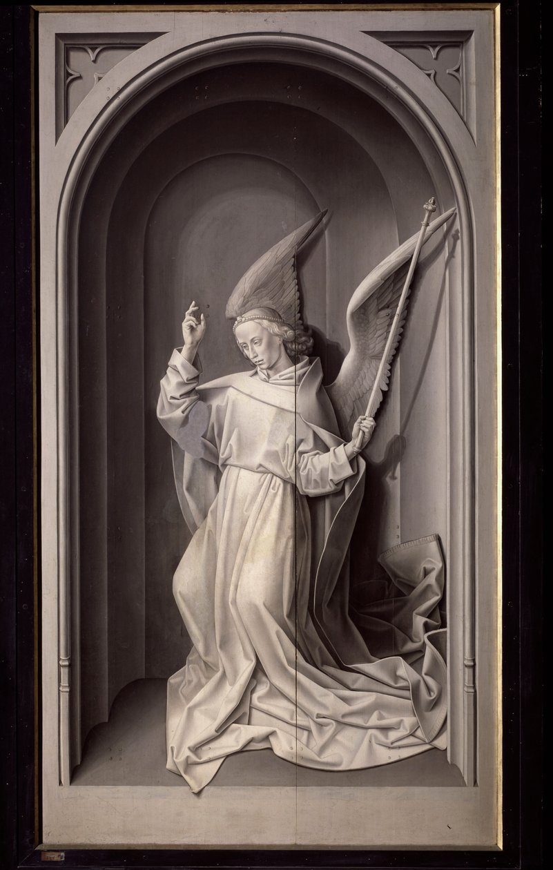 Bebudelsens engel, udvendigt panel på triptykonet Portinari - olie på panel, ca. 1475 af Hugo van der Goes