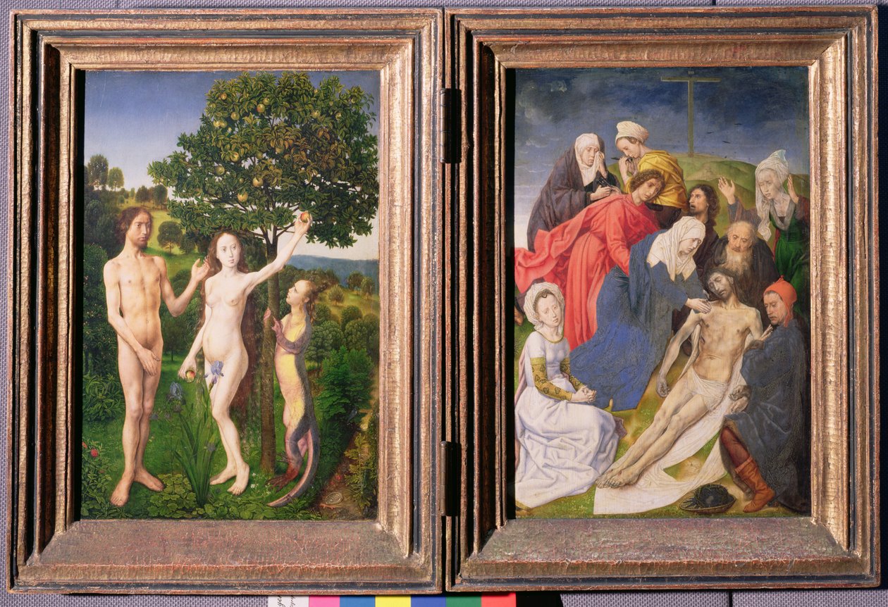 Diptyk: Syndefaldet (Adam og Eva, slangen og æblet) og Jesu nedstigning fra korset (efter 1479) af Hugo van der Goes