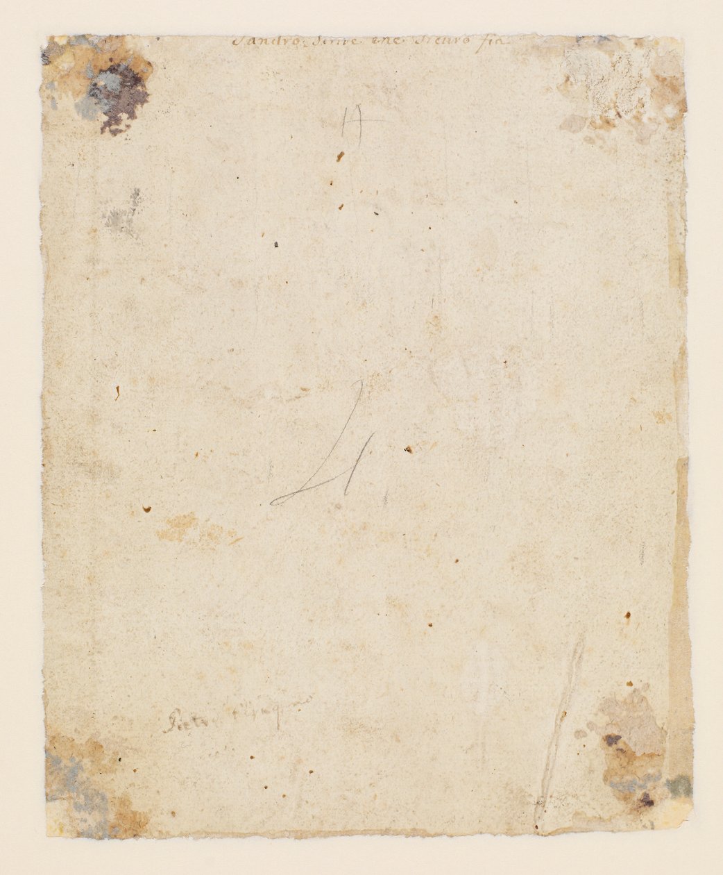 Inskription på verso: øverste midte, brunt blæk, italiensk 1700-tals hånd: "Sandro scrive che sicuro fia"; under det, brunt blæk, hånd fra det 19. århundrede: "Petro Perugino", af Hugo van der Goes