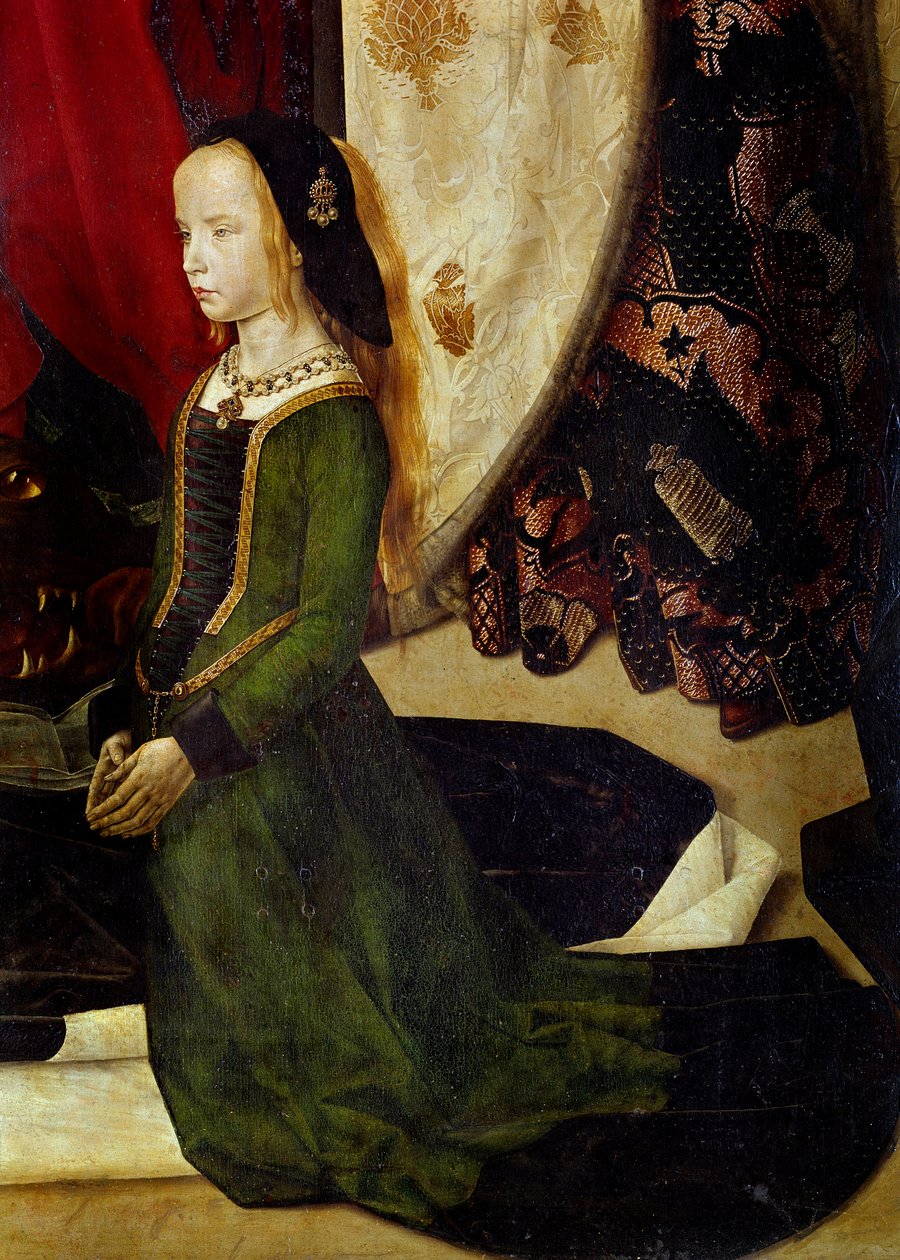 Tryptic of Portinari Detalje, der repræsenterer en ung pige i bøn. Maleri af Hugo van der Goes (1440-1482). 1475 ca. H/B. 253x304 cm. galleria degli Uffizi (Kontorer), Firenze. af Hugo van der Goes