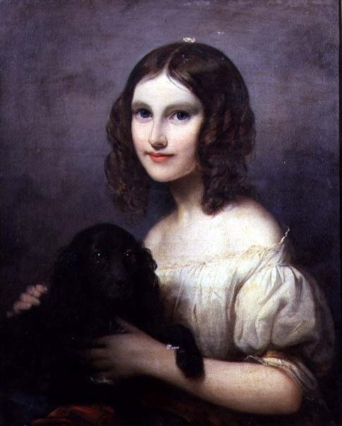 Portræt af en ung pige med sin hund af Hugues Merle