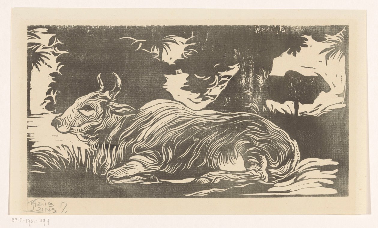 Liggende zebu af Huib Luns (signed by artist)