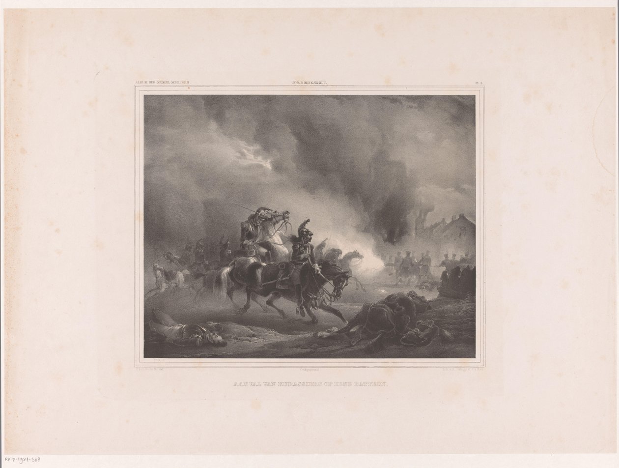 Angriber soldater til hest Angreb af cuirassiers på et batteri (titel på objekt) Album af hollandske malere (serietitel på objekt) af Huib van Hove Bz
