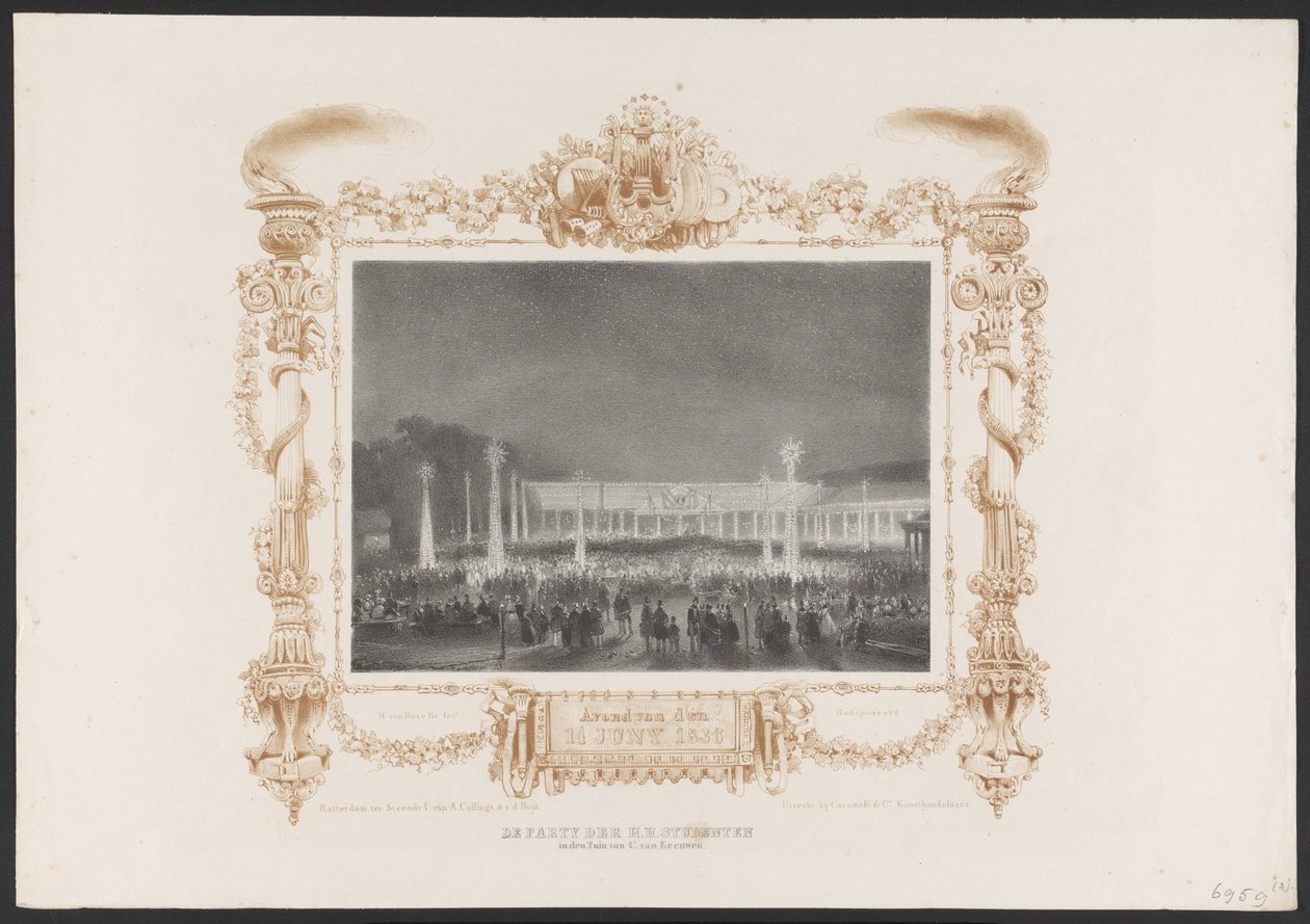Aftenfest for studenterne, 1836 Partiet af H.H. Students in the Garden af ​​C. van Leeuwen / Evening of the 14 Juny 1836 (titel på objektet) Plader med fejringen af ​​det andet århundrede for Utrechtsche Hogeschool, 1836 (serietitel) af Huib van Hove Bz