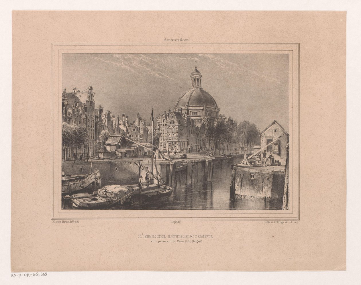 Se på de Stromarkt, het Singel og de Lutherse kirke Den lutherske kirke. Udsigt taget på kanalen (kendt som Singel) (titel på objekt) Souvenir of Amsterdam Eight Views tegnet og litograferet fra naturen af ​​H. van Hove Bz. (serietitel) af Huib van Hove Bz