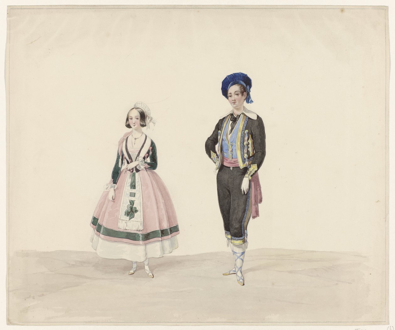 Mand og kvinde i historisk dragt, 1841 Seks akvareller af historiske kostumer til kostumeballet i 1841 (serietitel) af Huib van Hove Bz
