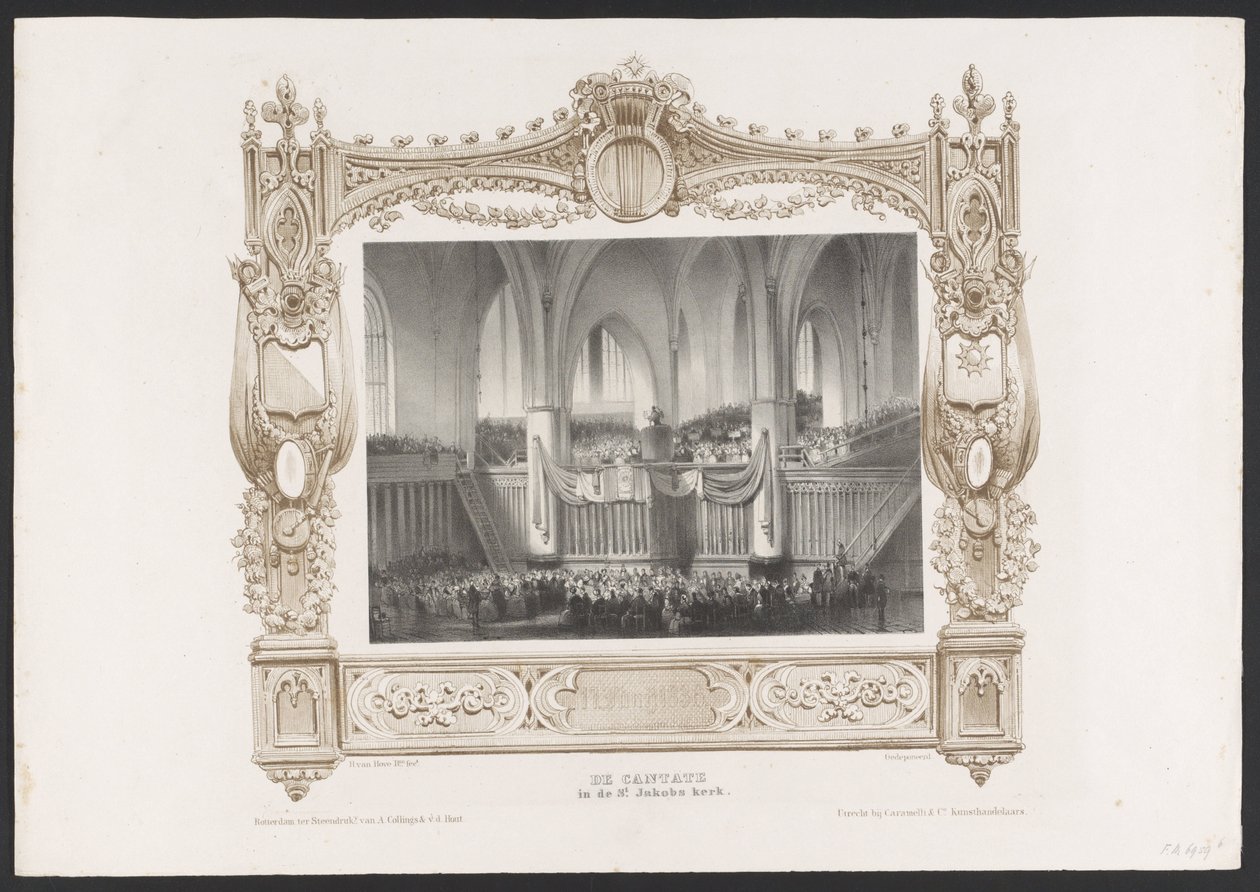 Procession med en trykpresse, 1836 Kantaten i Sankt Jakobs kirke / 17. juni 1836 (titel på objekt) Plader med fejringen af ​​det andet århundrede for Utrechtsche Hogeschool, 1836 (serietitel) af Huib van Hove Bz
