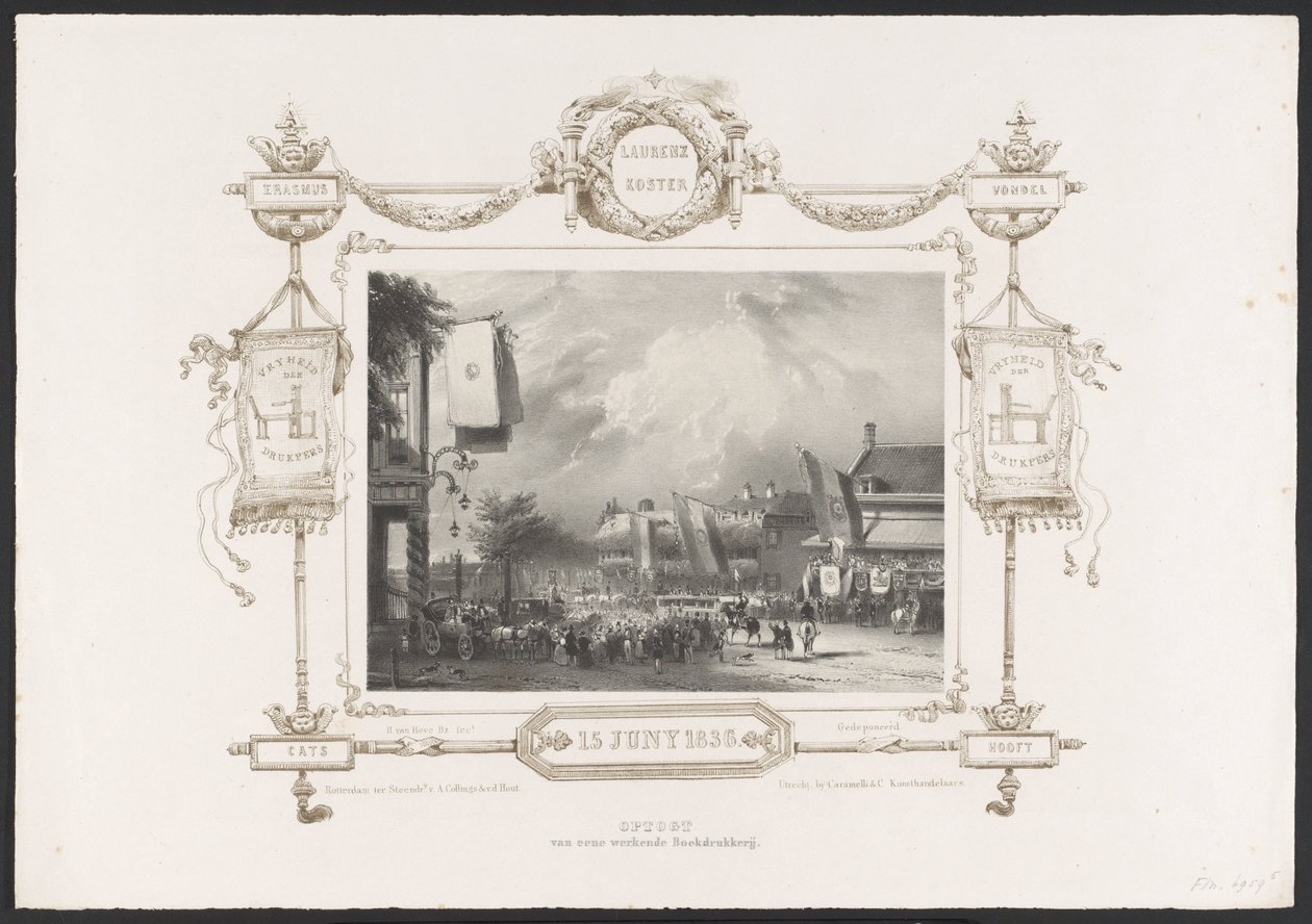 Procession med en trykpresse, 1836 Optogt van eene working Drukkerij / 15. juni 1836 (titel på objekt) Plader med fejringen af ​​det andet hundrede år for Utrechtsche Hogeschool, 1836 (serietitel) af Huib van Hove Bz