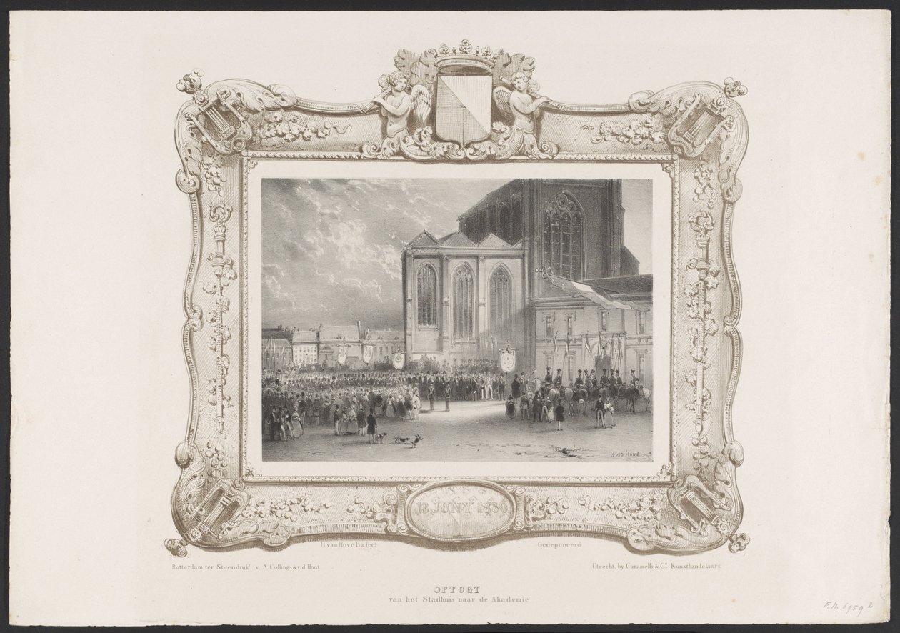 Procession fra Rådhuset til Akademibygningen, 1836 Himmelfart fra Rådhuset til Akademiet (titel på objekt) Plader med fejringen af ​​det andet århundrede for Utrechtsche Hogeschool, 1836 (serietitel) af Huib van Hove Bz