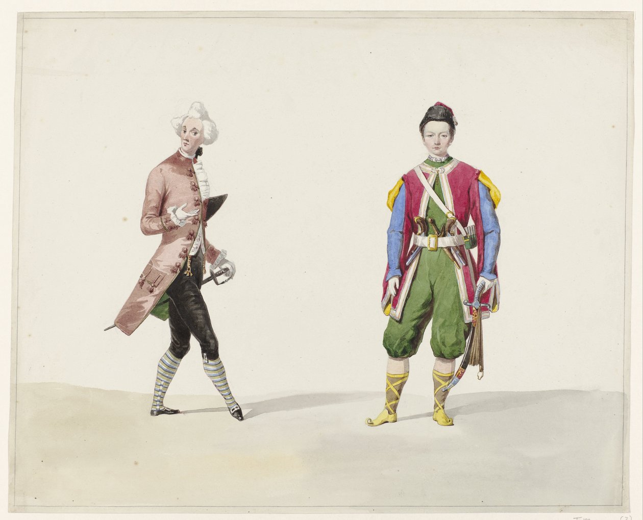 To mænd i historisk dragt, 1841 Seks akvareller af historiske kostumer til kostumeballet i 1841 (serietitel) af Huib van Hove Bz