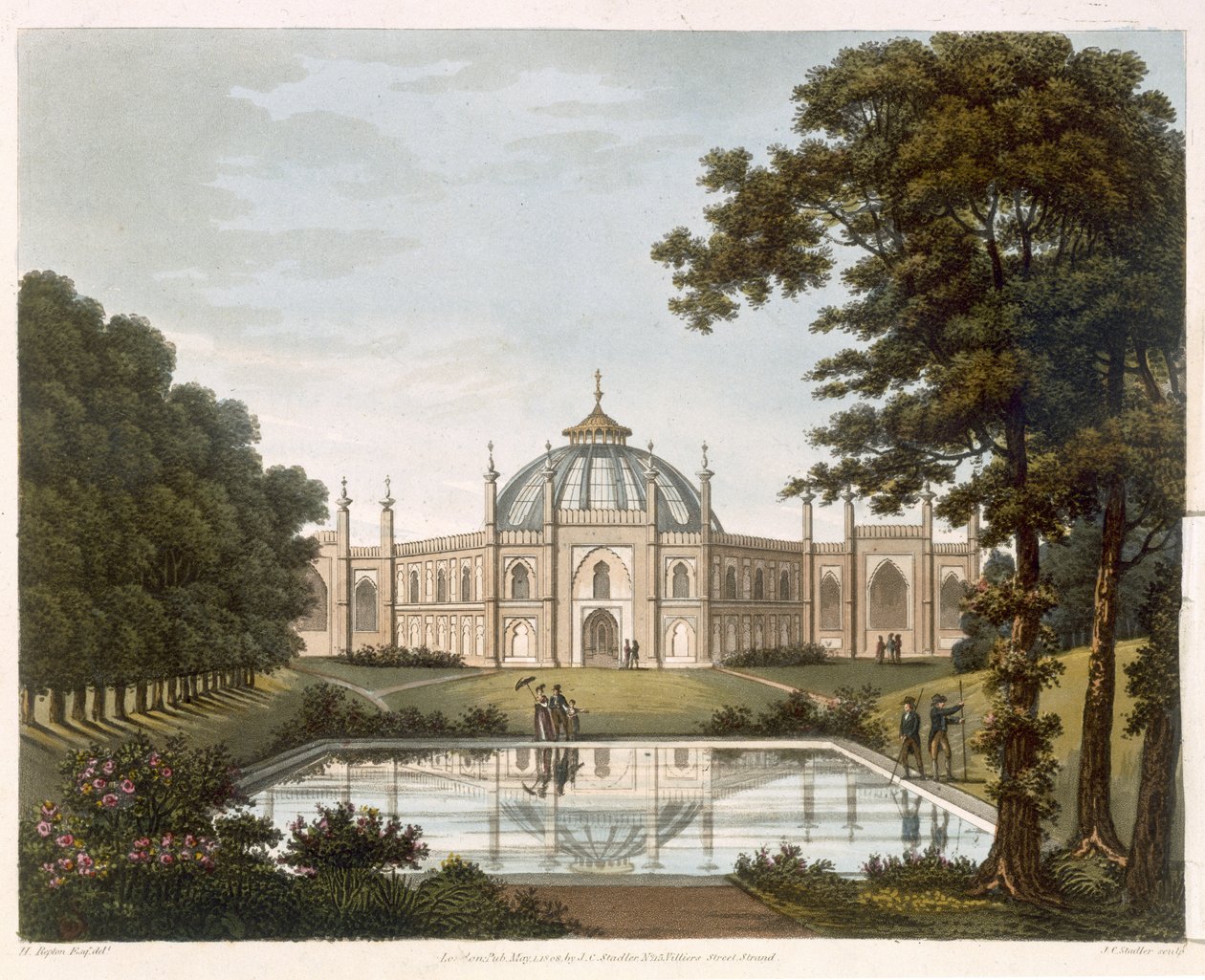 Brighton Pavilion: Forslag til udsigt over haven med en del af Brighton Pavilion i baggrunden, graveret af J. C. Stadler, ca. 1816 af Humphry Repton