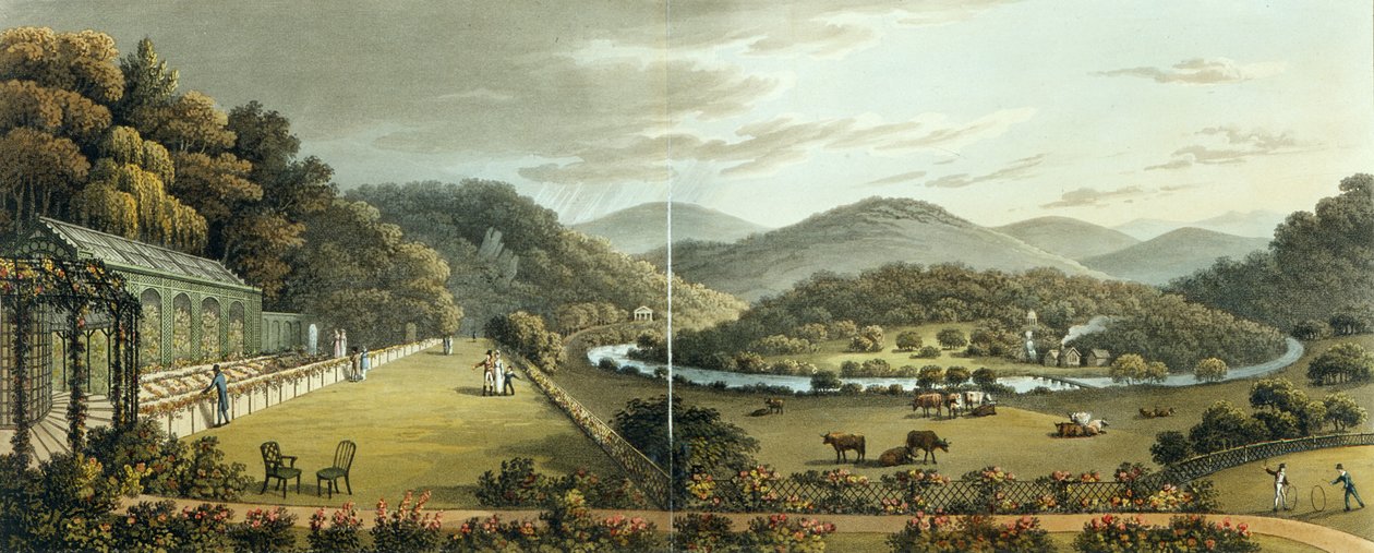 Generel udsigt fra syd- og østfronten af hytten i Endsleigh, Devon, (efter) fra 